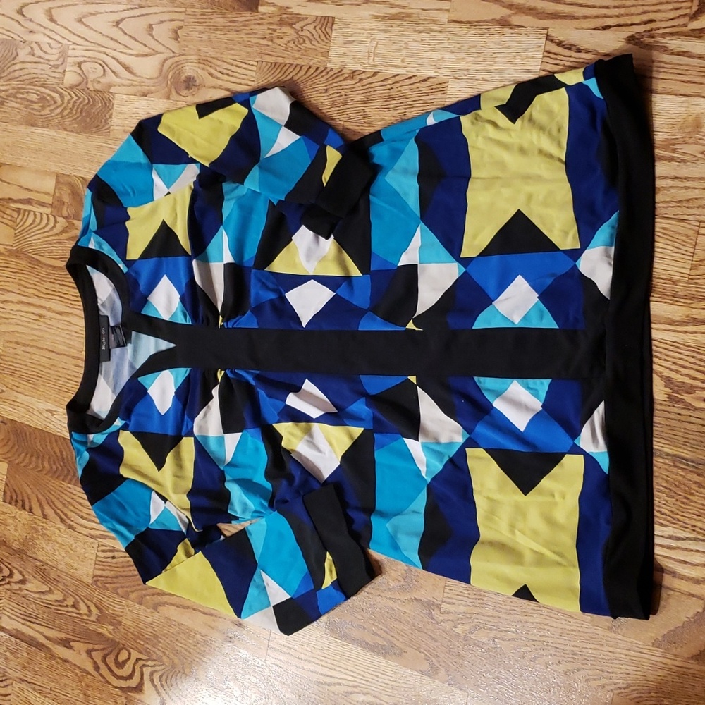(M) Style & Co. Geometric Print Colorful Tunic Style Long Top Notch Neck